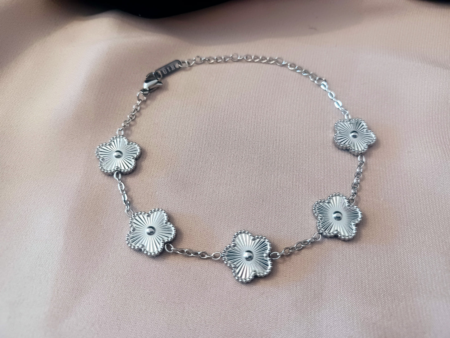 2Pcs Stackable Pearl Clover Cuff Bangle Bracelet Silver Black