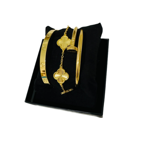 3Pce Royal Blue Clover Bangle Bracelets (Gold)