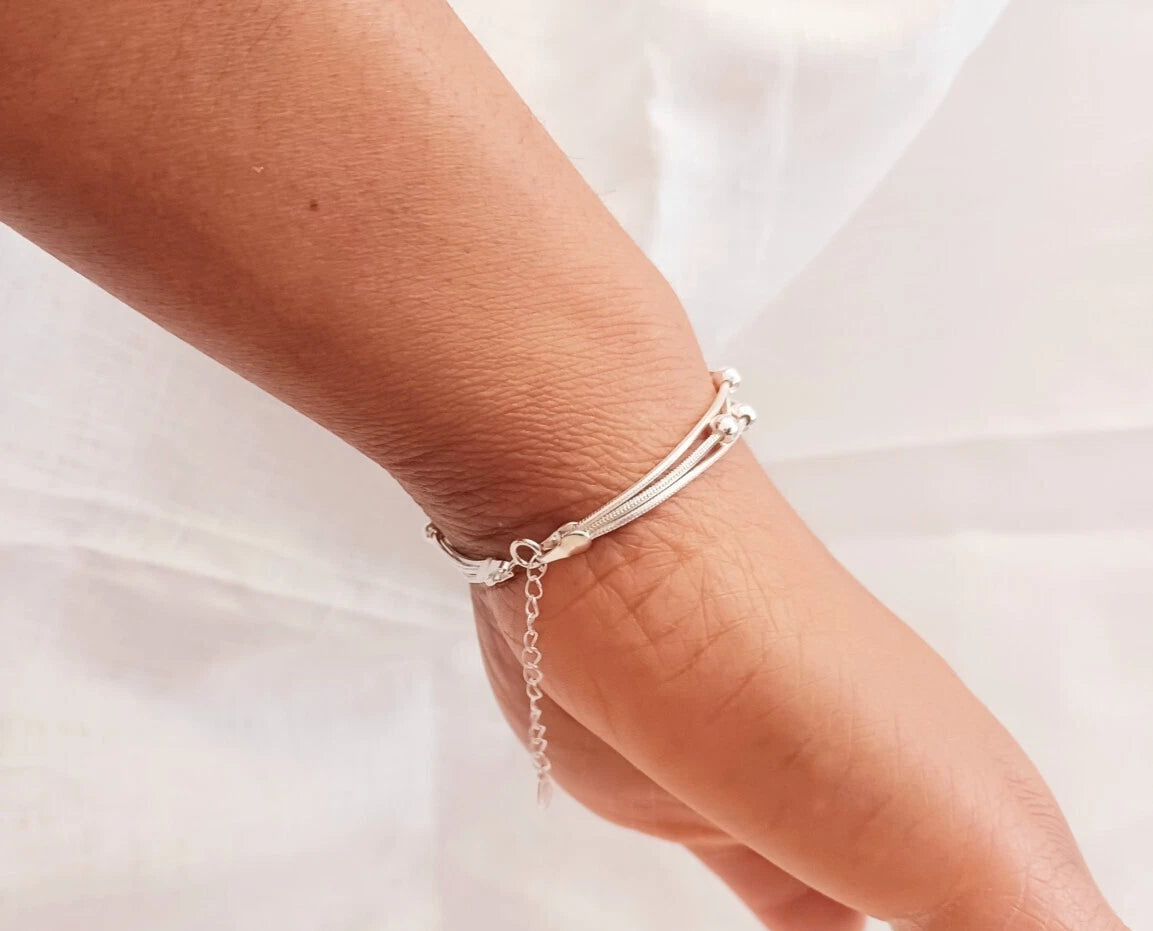 925 Sterling Silver Plated Beaded Bracelets Bangle For Girls Women