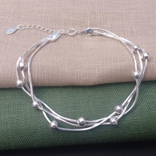 925 Sterling Silver Plated Beaded Bracelets Bangle For Girls Women